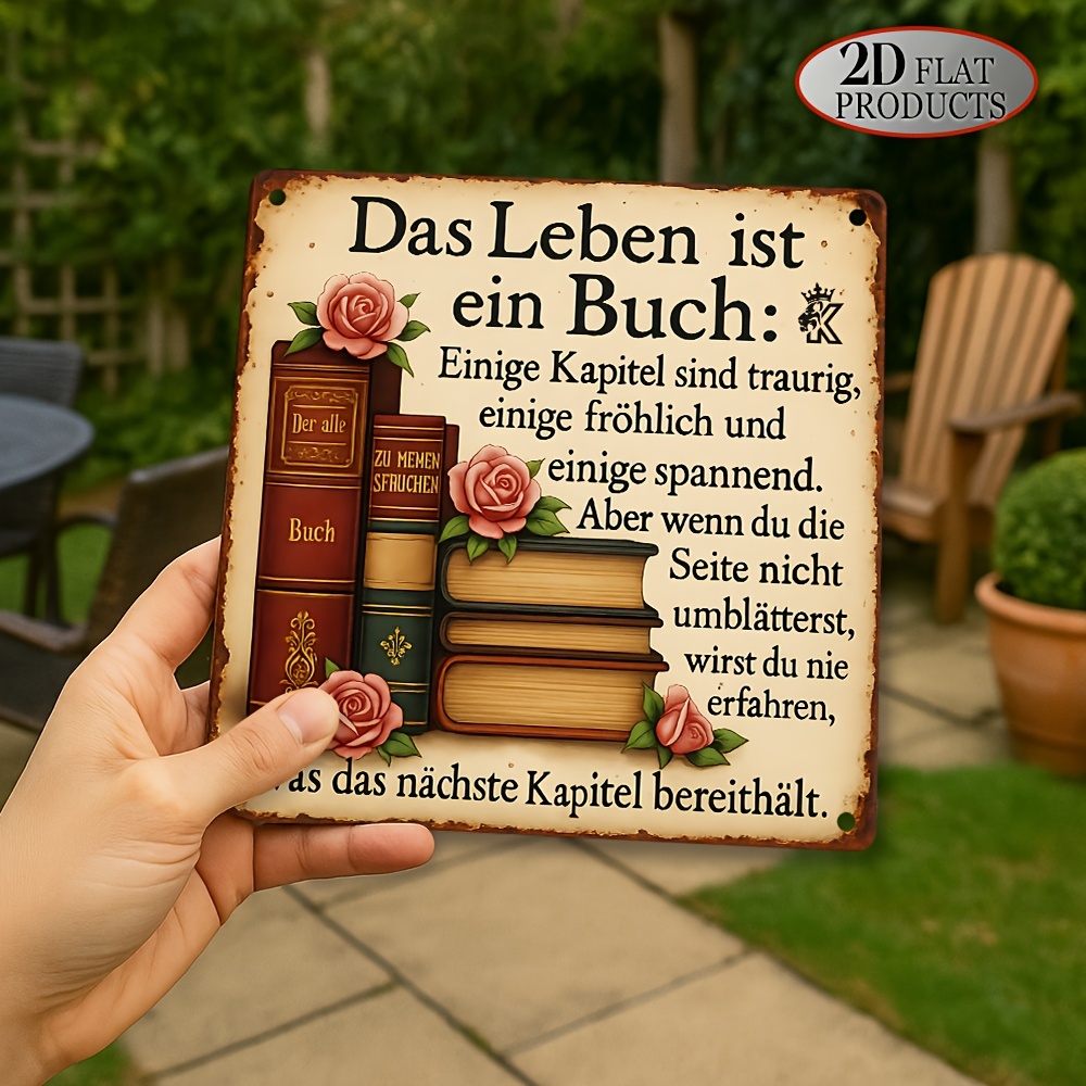 E-shop 2D Flat - Ein 2D flaches Holzschild mit den Maßen 20,32 cm x 20,32 cm, das inspirierende Zitate und Englisch enthält und mit vintage Büchern und