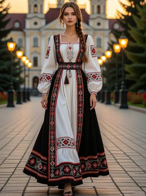 ethnic neck puff sleeve cinched black and block flared exotic retro long skirt printed design