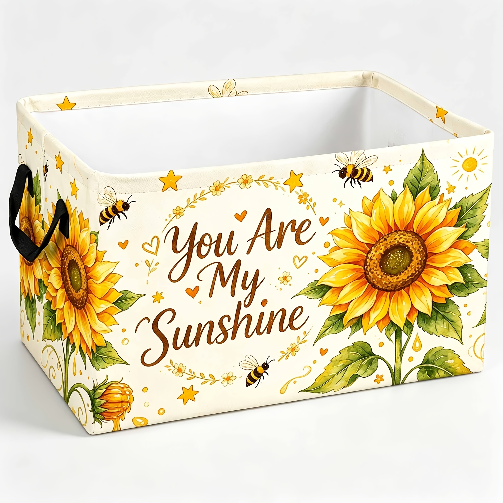 TEMU Back To School Essential, Big Discount 1pc Sunflower "you Are My Sunshine" Storage Basket, Foldable Storage Bin With Sturdy Handles, Decorative