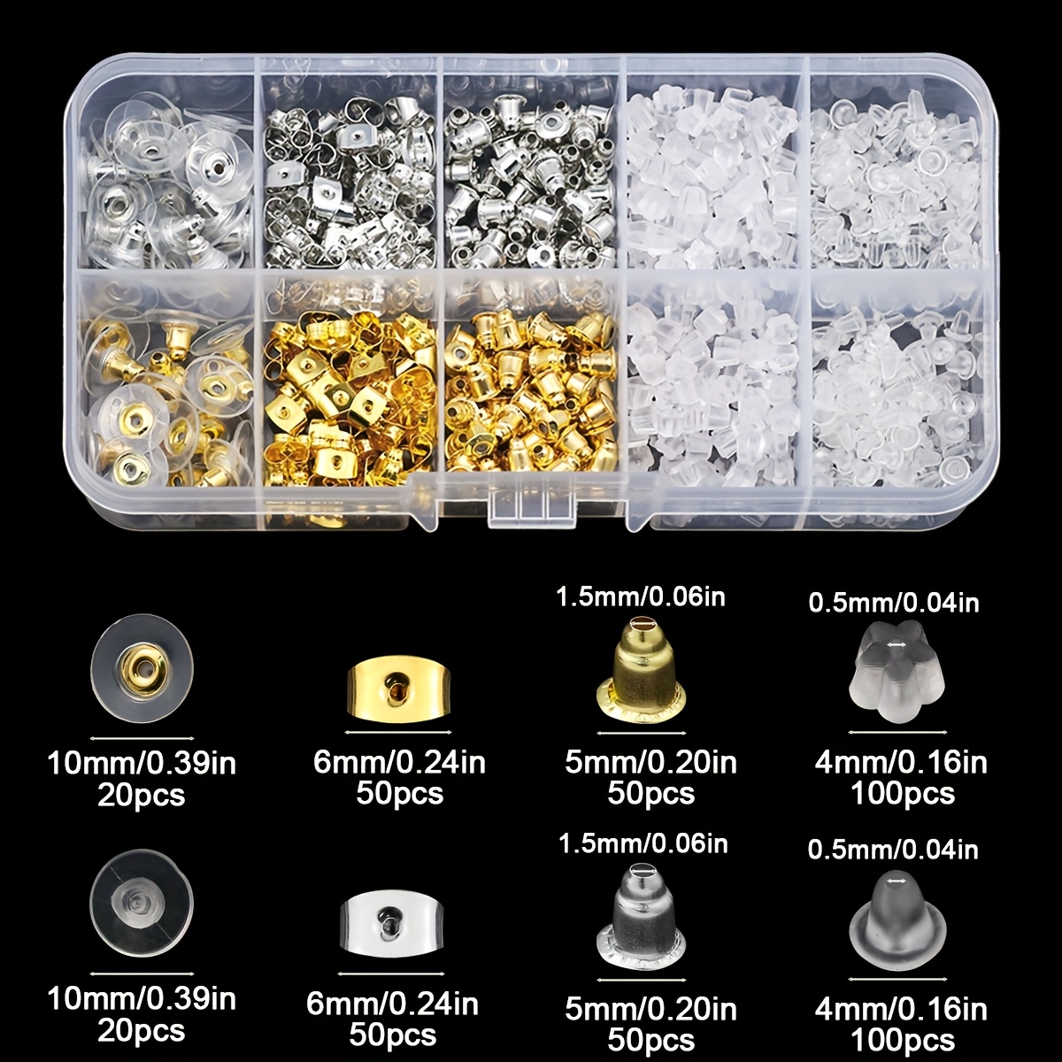 Image of Approximately 440pcs Of Earplugs To Prevent Falling Off, Silicone Universal Plugs, Silvery Golden Large Ufo Earring Caps, Earplugs Additions For Transparent Earrings And Jewelry Making