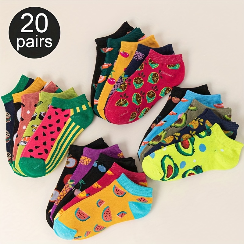 

20 paires de chaussettes en coton à motif de fruits, mignonnes et respirantes, chaussettes courtes confortables, bas et bonneterie pour femmes