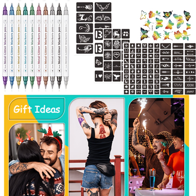 Image of 10 Color Body Marker Pens + 113 Tattoo Stencils + Sticker Set, Temporary Skin Tattoo Pens Safe For Skin, Create And For Body And Face Coloring, Long-lasting Colors, Create The Body Art You've Wanted
