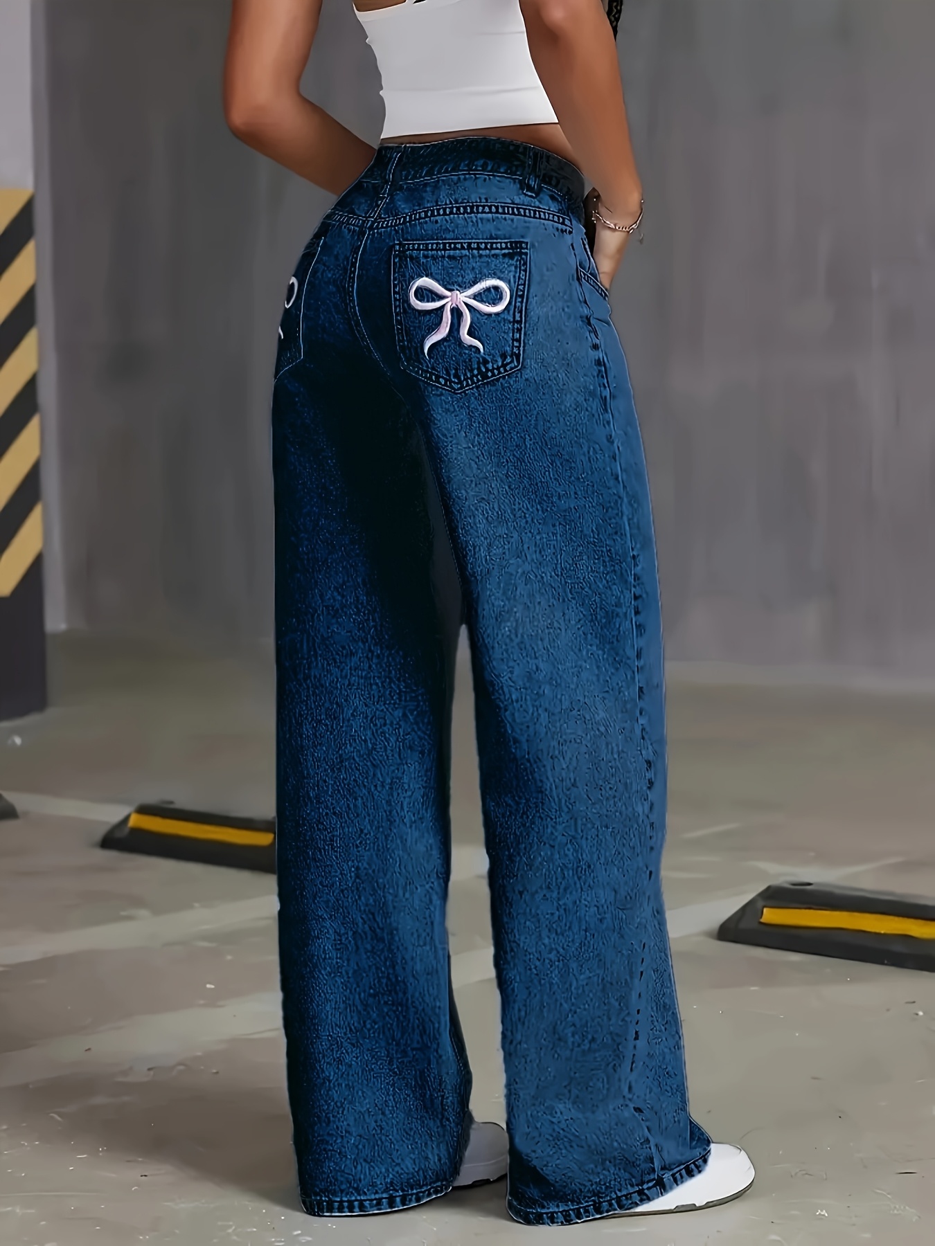 Women's High-Waisted Wide Leg Jeans with Embroidered Bow Detail, Light Blue Denim, Casual Loose Fit, Machine Washable, Comfortable Casual Attire