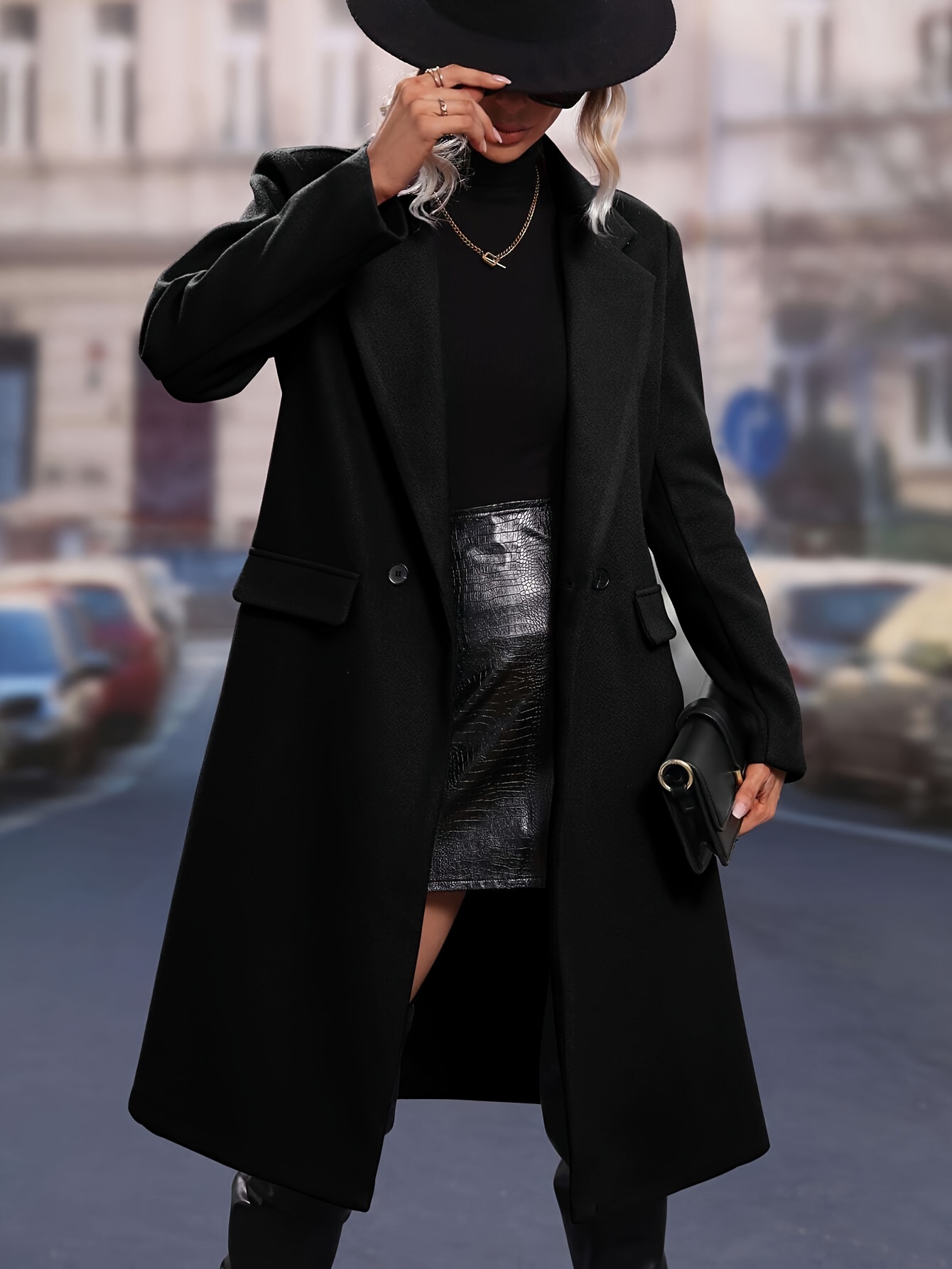 womens elegant black coat fall winter long sleeve trench Temu Poland