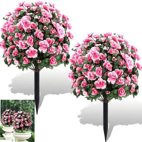 3pcs pink plug in azalea bouquet with ground spikes high quality plastic green leaves and for indoor outdoor decoration weddings home decor porch outdoor garden arrangement courtyard housewarming