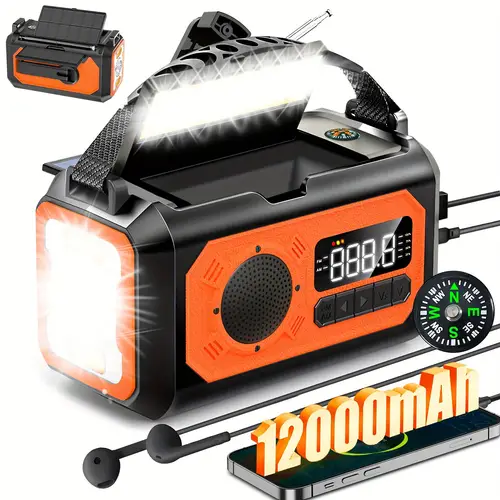 44400mwh 12000 mah multifunctional radio manual crank emergency radio portable solar radio am fm weather radio with 2 solar panels 3 charging sos alarm flashlight mobile phone charger compass reading light christmas gifts