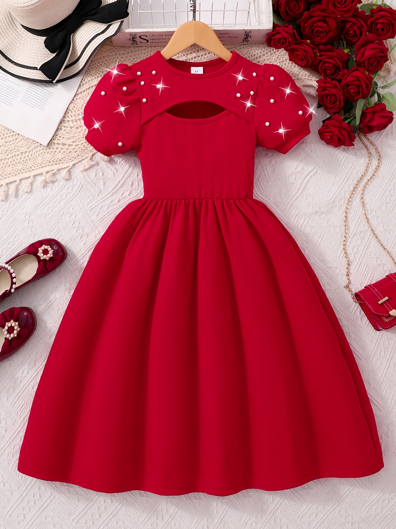strapless open back dress Bold Red Pearl Strapless Thigh Slit Christmas Holiday Prom Dress