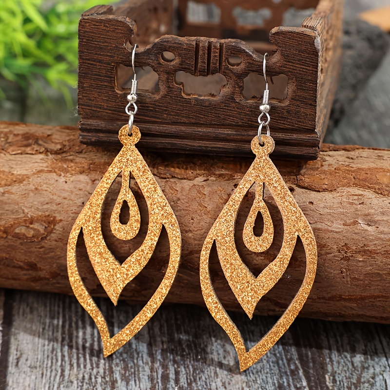 Women's Shimmering Hollow Wooden Water Drop Earrings, Vacation Style
