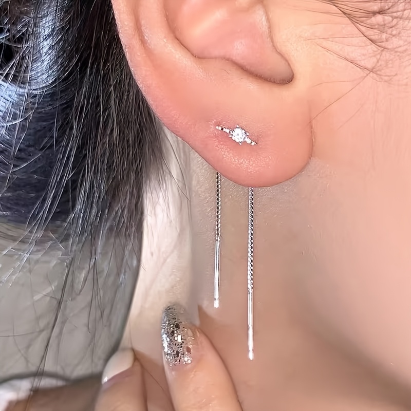 TEMU Delicate Wire-threaded Drop Earrings Feature -shaped Zirconia Ear Studs And A Easy, Long Chain, Everyday Wear