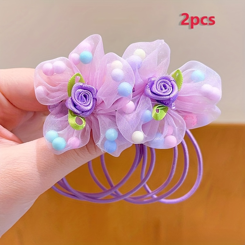 TEMU 2-pcs New Colorful Mesh Flower Hair Ties For, Cute Candy-colored Floral High-elasticity Hair Bands, Suitable For Daily Wear And Holiday Parties