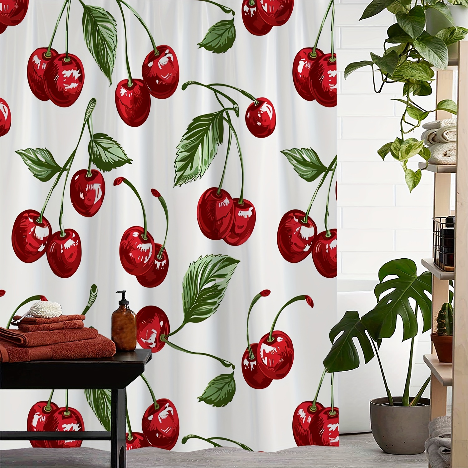 

Cherry Print Waterproof Shower Curtain With 12 Hooks, Machine Washable, Water-resistant Polyester Fabric, Woven Artsy Design, Includes Hook, Other Patterns