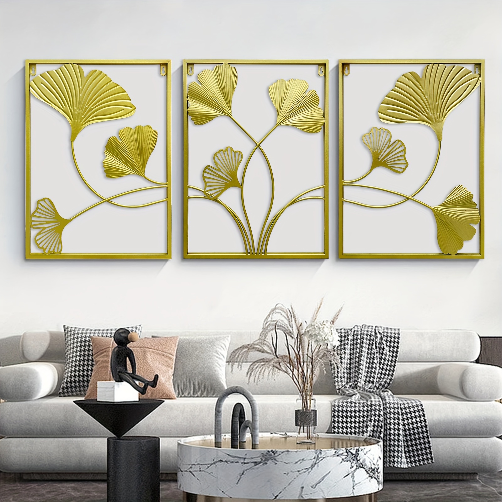 3pcs golden metal wall arts golden leaf wall hanging decor with frame interior decoration housewarming gift gold home decor accents for bedroom living room details 2