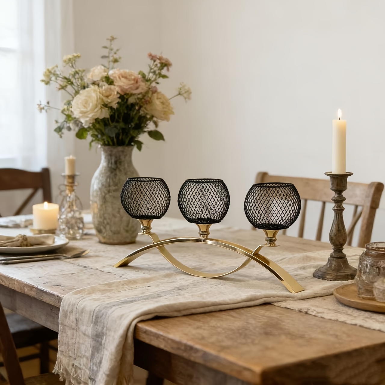 3-Arm Metal Candle Holder Suitable for Center Table Decor, Home Decor, Weddings, Banquets, Parties, Anniversaries, Christmas Decorations