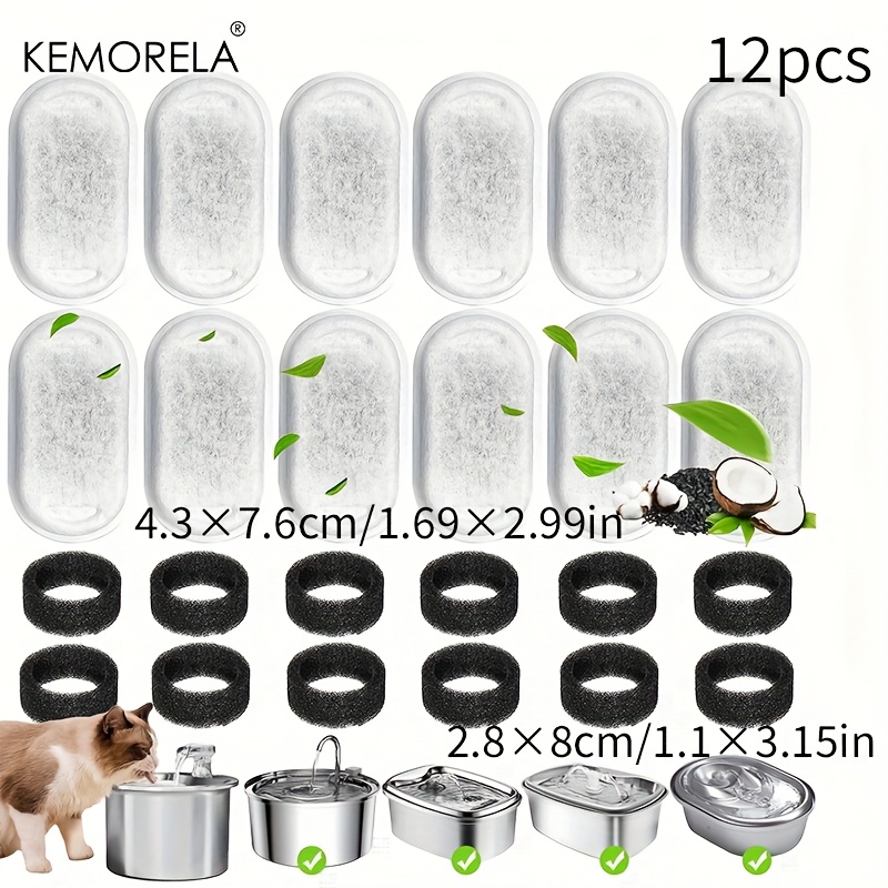 Image of Kemorela 12/15 Pack Cat Water Fountain Filters With Pre-filter Sponges, Compatible With 3.2l & 67oz Stainless Steel Pet Fountains, Carbon Filtration System For Automatic Cat Water Dispenser