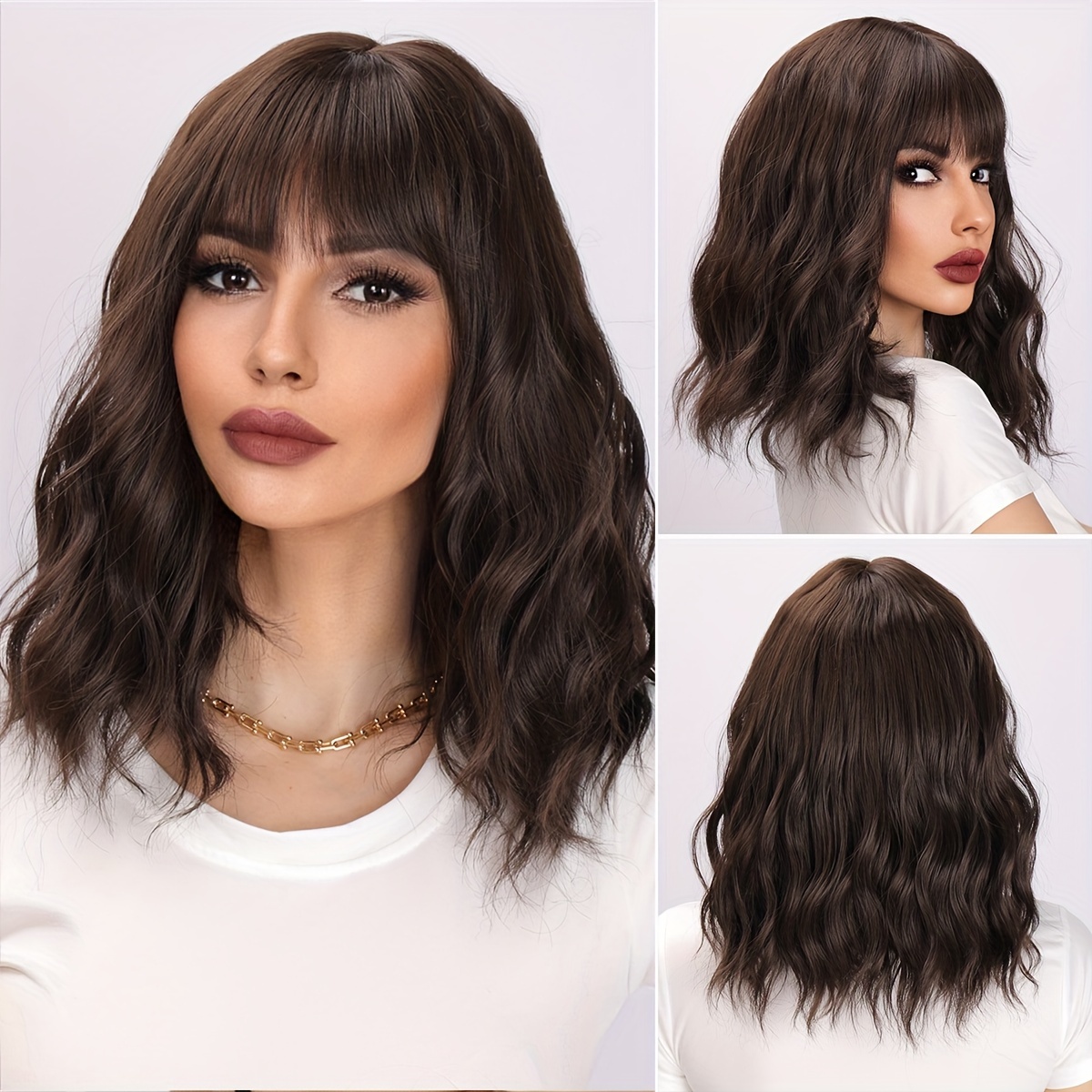 

16 Inch Synthetic Fiber Coffee Colored Small Wave Natural Bangs Wig, Creating A Perfect And Elegant Exclusive Look