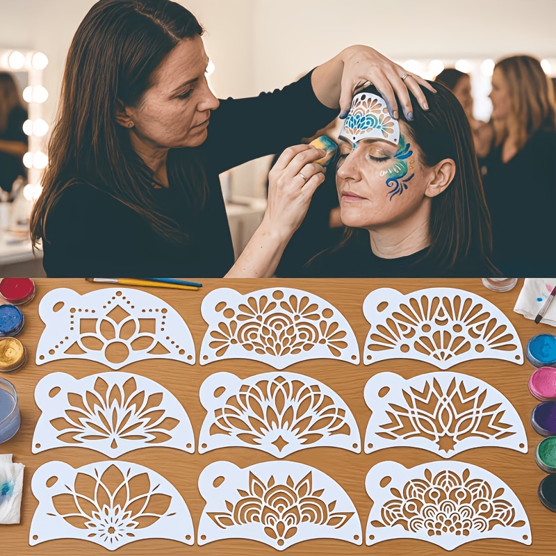 TEMU 9pcs Reusable Pet Facial Painting Template Set - Multifunctional Mandala And Floral Fan-shaped Pattern Template, Suitable For Diy Makeup, Human