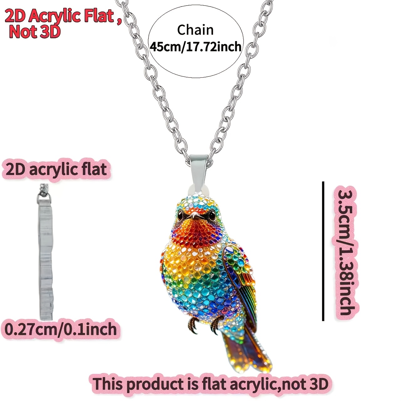 Women's 2D Acrylic Multicolor Hummingbird Pendant Necklace