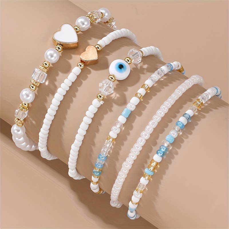 

Bohemian Style 6-piece Set Love Heart & Beaded Charm Bracelets, Handcrafted Simple Fashion Multilayer Stretch Pearl Bracelet Jewelry For Women, No Plating - Versatile For Daily & Party Wear