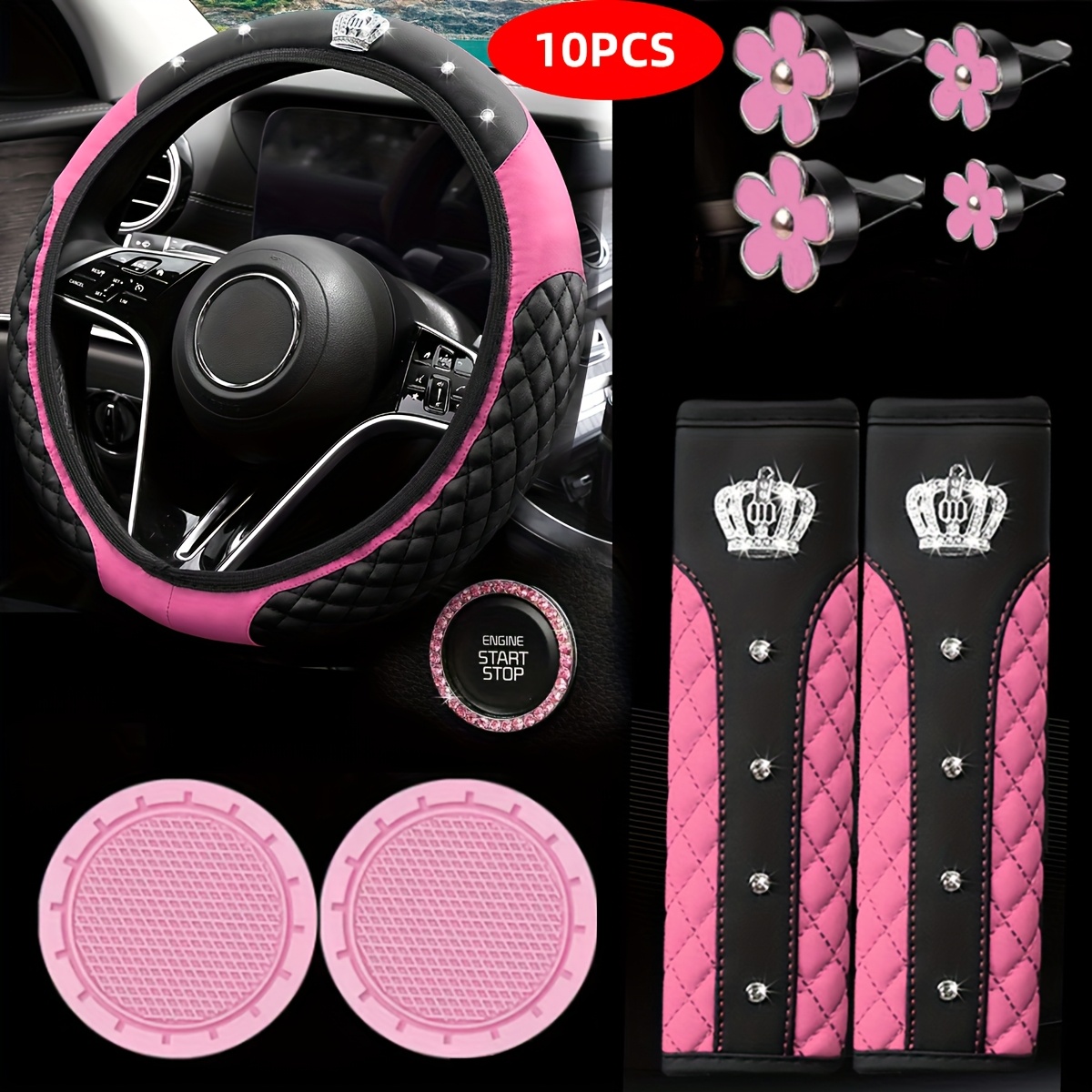 TEMU 10pcs Universal Steering Wheel Cover Shoulder Pad Set Daisy Air Outlet Clip - Great Value Combo Set, Non-slip Breathable Universal Car Interior