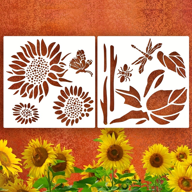 

2-piece Large Sunflower Stencils With Butterfly, Bee & - 12x12" Reusable Templates For Garden Fence, Wall & Furniture Painting Decor