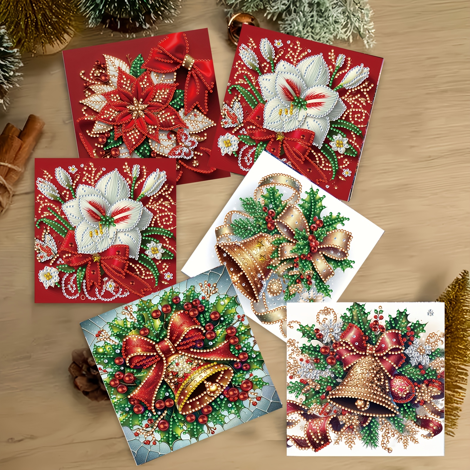 TEMU 12 Sheets, (6 Envelopes And 6 Cards) Merry Christmas Diamond Painting Greeting Card Set - Floral Christmas Bell Pattern, Your To Relatives,