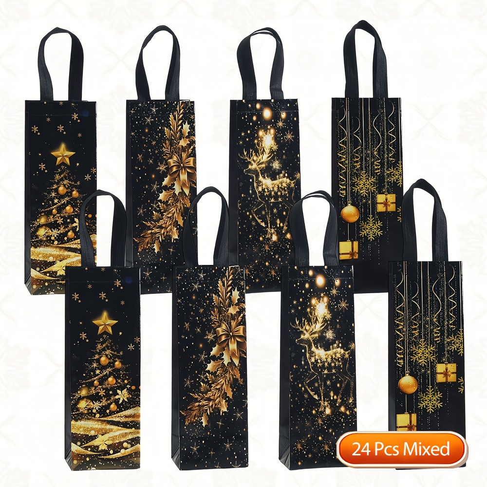 TEMU 12/24pcs Christmas Wine Bottle Gift Bags, Black & Xmas Tree Reindeer Non-woven Tote Bags, Long-handled Wine Bottle Packaging Bags For Holiday