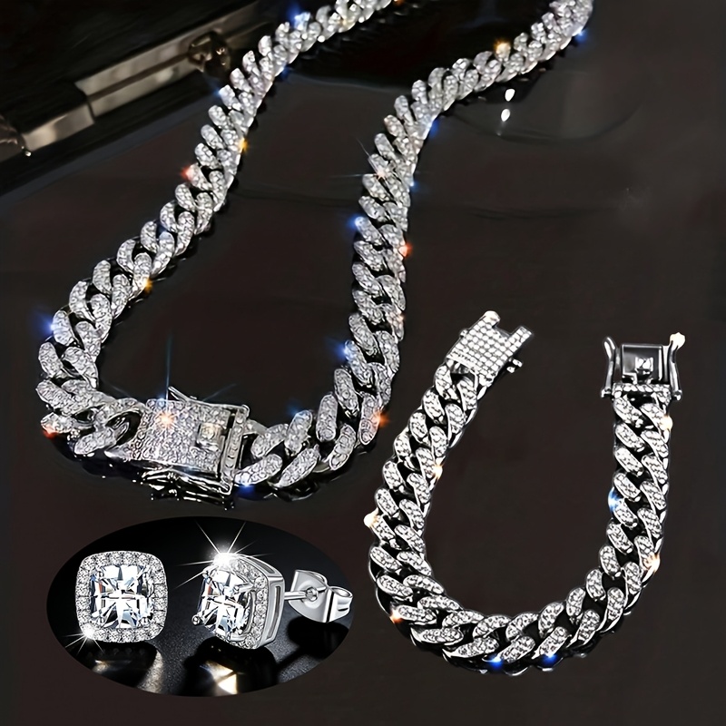 TEMU 3pcs Golden & Tone Full Iced Out Cuban Chain Jewelry Set,men's Jewellry,necklace/bracelet/studs Earring,unisex Hip Hop Rap Street Style, Rappers