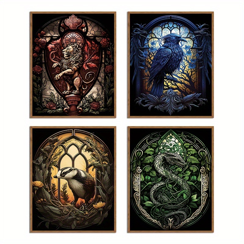 

Set Of 4 Classic Gothic Style Animal Themed Art Prints - Unframed Canvas Wizard School Wall Decor For Living Room, Bedroom, Dining Room - Retro Bird, Lion Artwork Indoor Posters