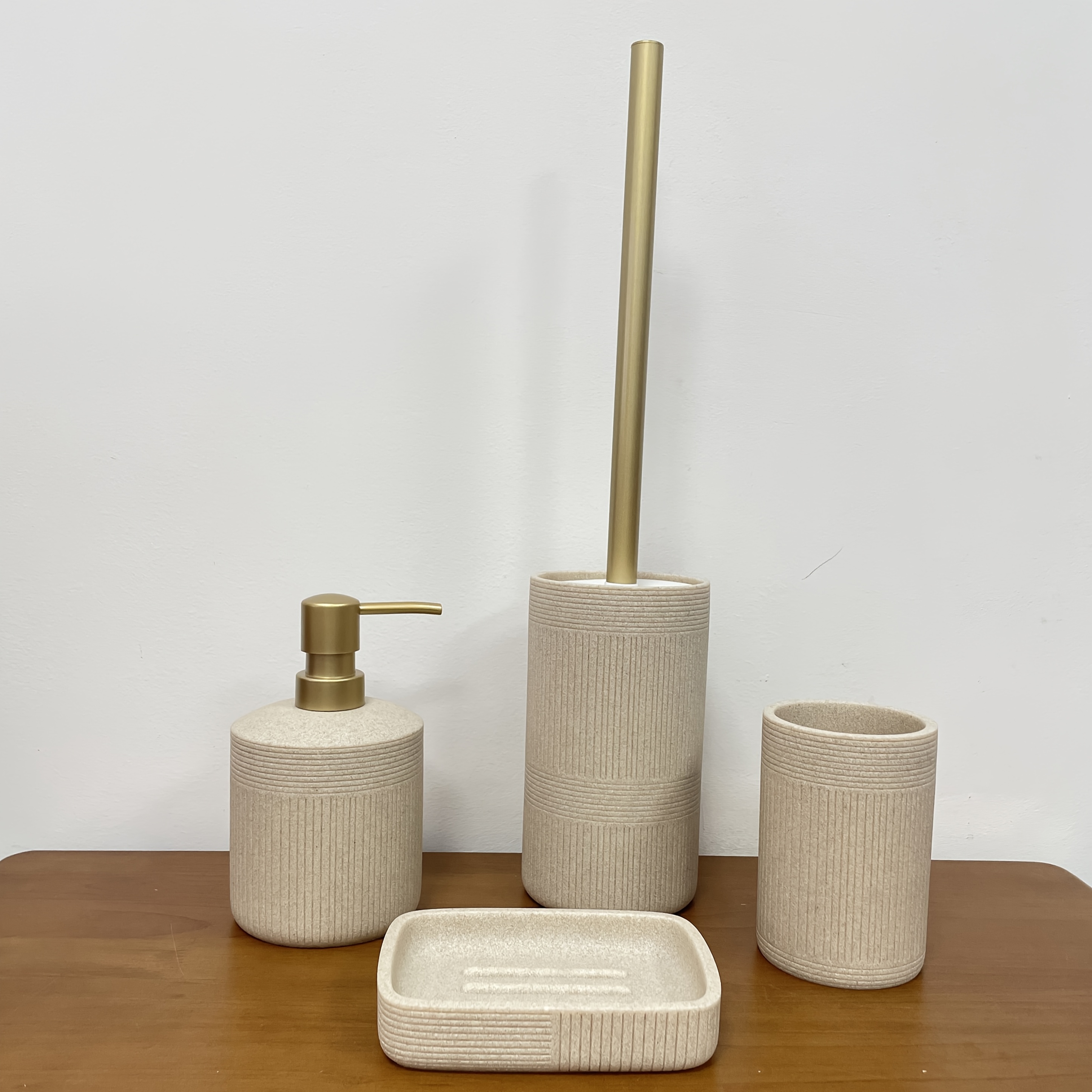 Modern Bathroom Set with Beige & Golden Accents - Includes Soap Dispenser, Toilet Brush Holder, Toilet Paper Holder, and Tray - Elegant Bathroom Organizer for Vanity, Or Bathroom Decor, Vanity Storage, Sleek Design, Durable Construction