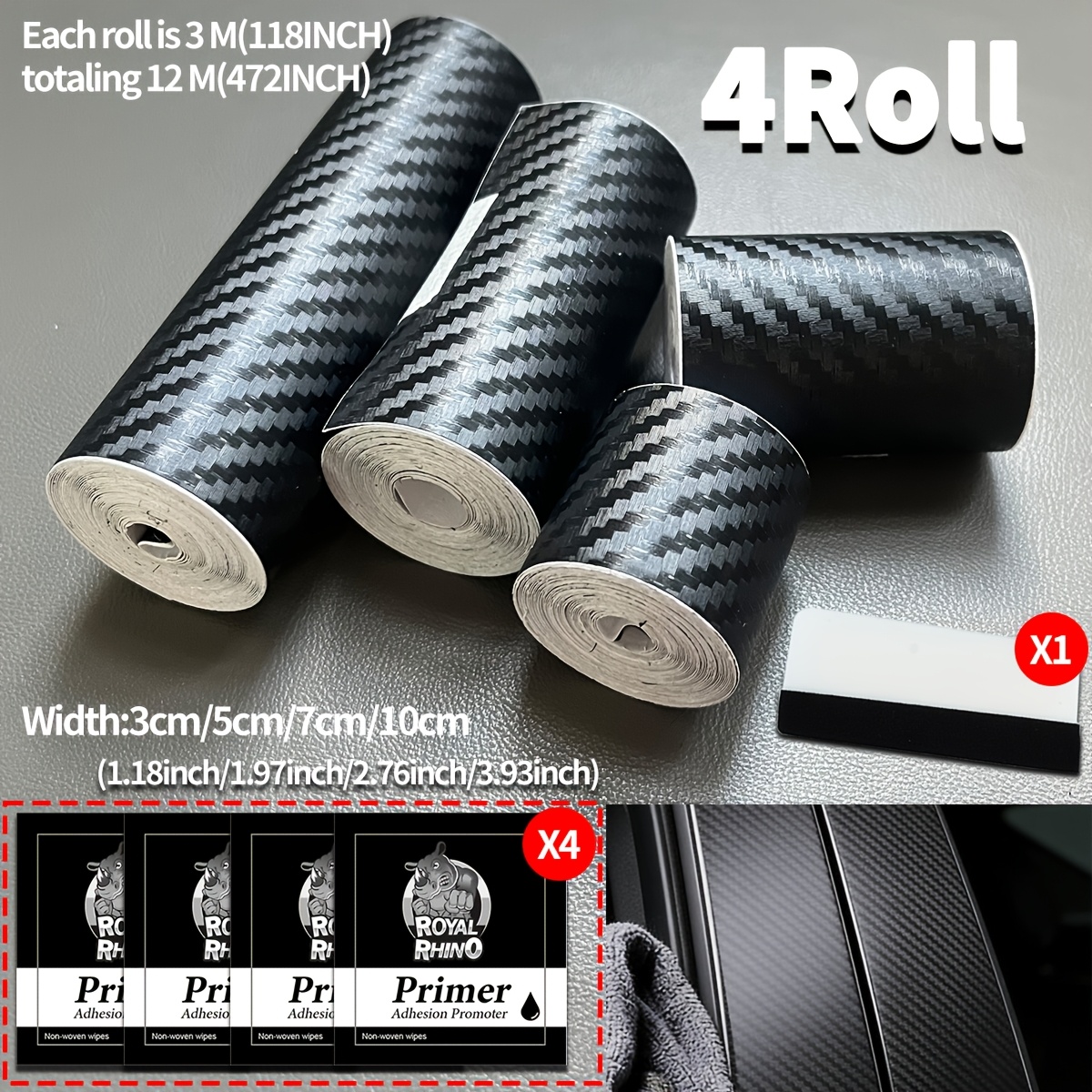 E-shop 4 Rollen Kohlefaser Aufkleber (1.18 in und 1.97 in und 2.76 in und 3.93 In) - Selbstklebendes schwarzes dekoratives Auto Verpackungsgummi, 3