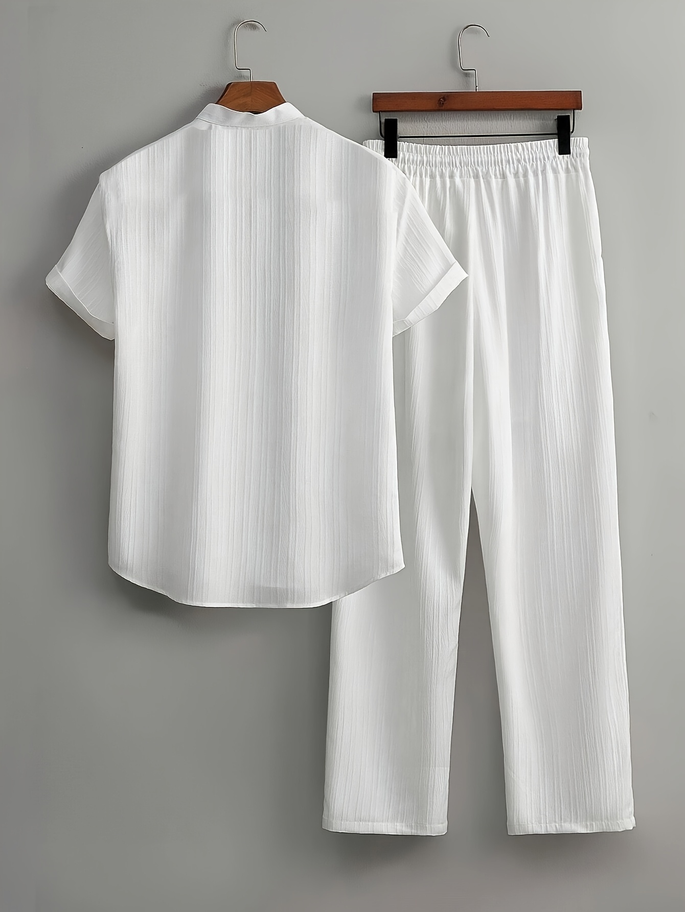Men's Summer, Fashionable Wave Pattern Simple Casual Short Sleeve Shirt and Plain Trousers Set