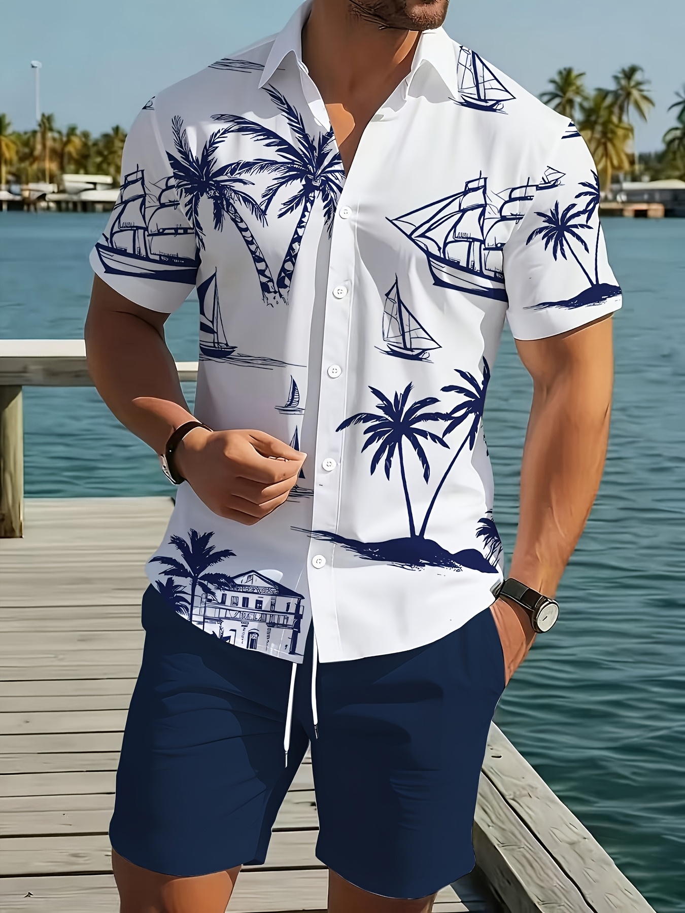 Conjunto de Verão Casual Diário para Homem, 2 peças, Camisa e Calções 2
