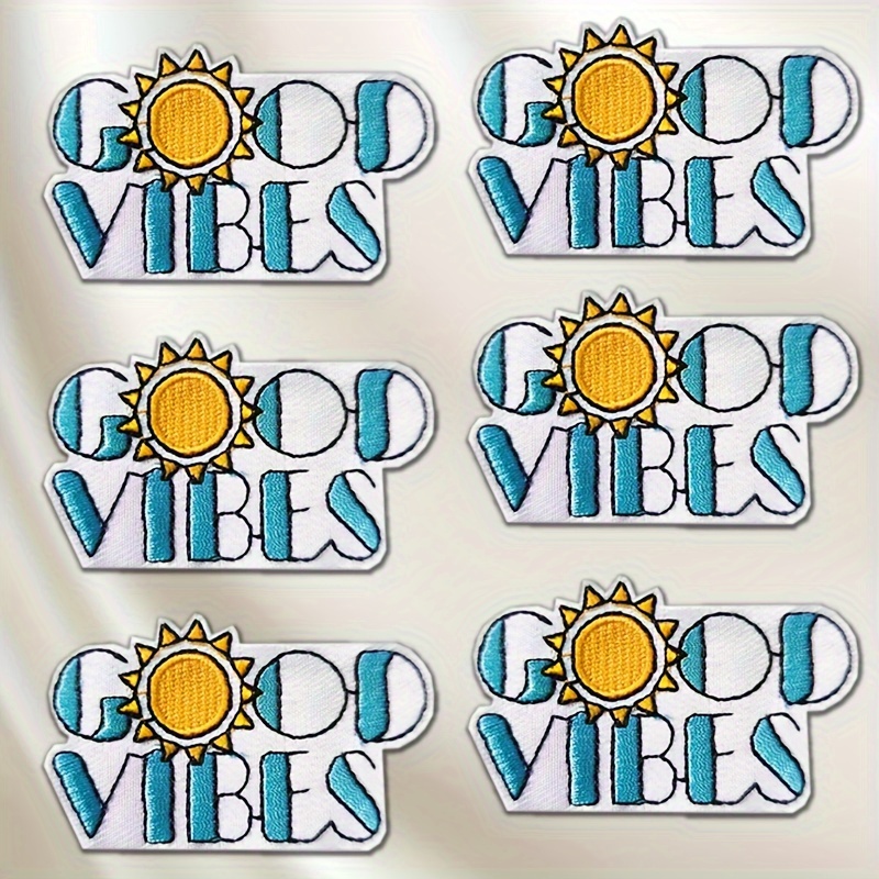 

6-pack "good Vibes" Sun Embroidered Iron-on/sew-on Patches, Mixed Color For Jackets, T-shirts, Hats, Backpacks, Denim - Fashionable Accessories