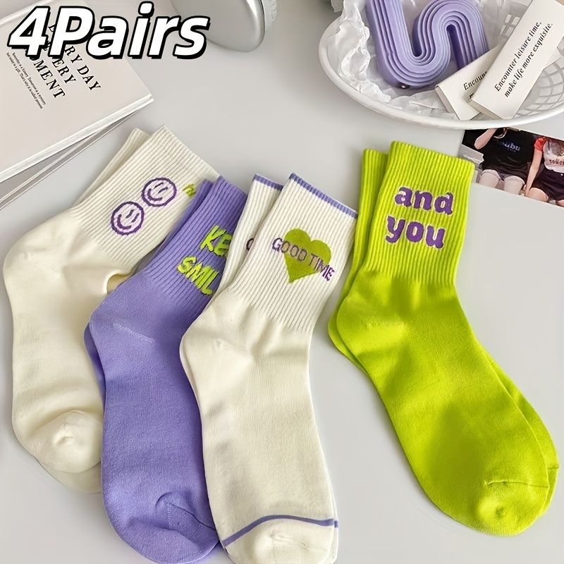 TEMU 4-pair Dopamine Macaron Socks Suitable For Women's Japanese Kawaii Style Mid-calf With Heart & Letter Print, Ribbed Non-slip Cuffs, High-stretch