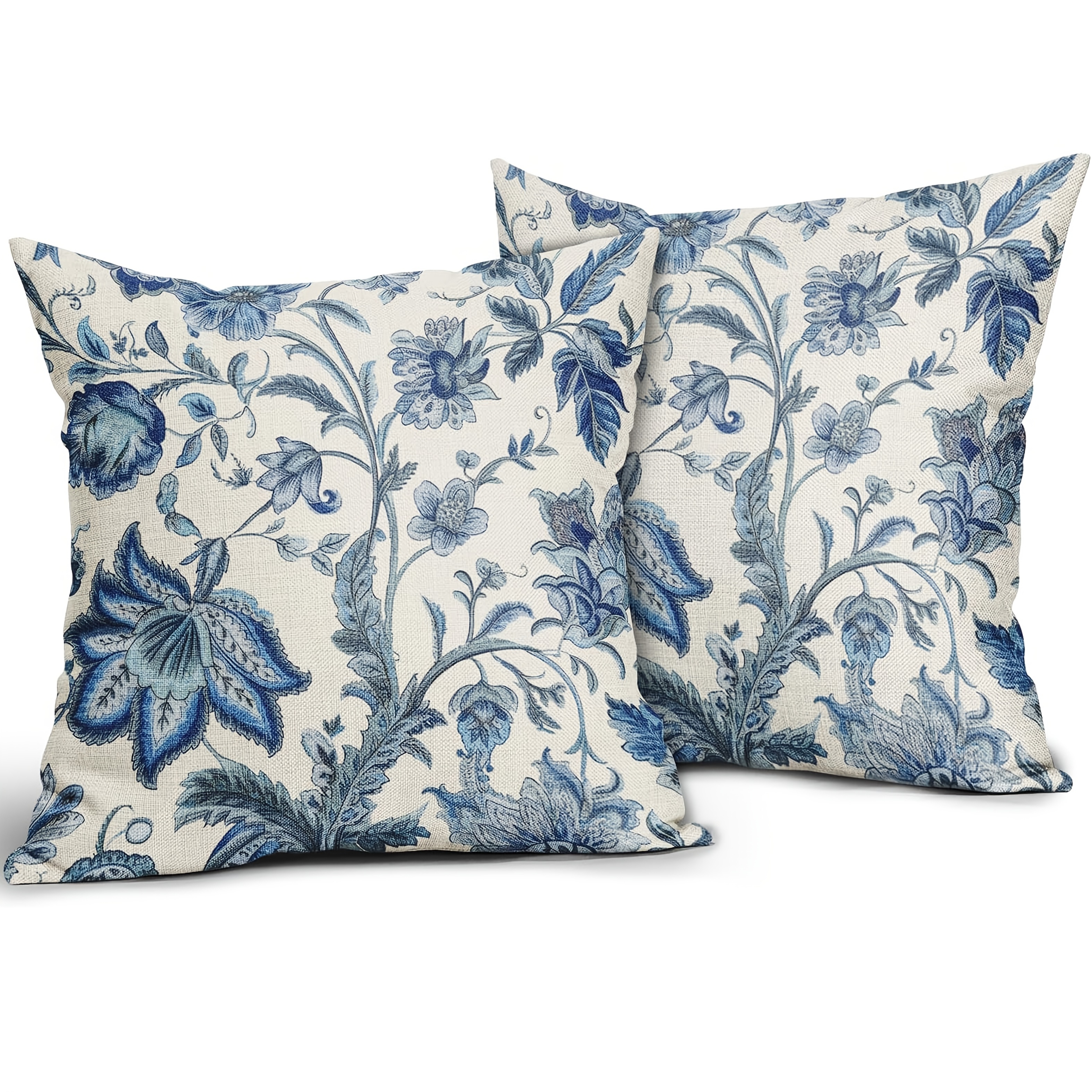 TEMU 2pcs, Linen, Pillow Navy Blue White Floral Pillow Covers Flower Outdoor Pillowcase Cover For Bedroom Sofa Couch Living Room Home Decor, Single