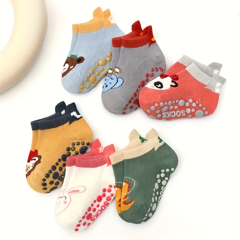 6 Pairs Baby Socks with Cute Cartoon Animal Patterns - Non-Slip Ankle Socks for Boys & Girls, Soft Breathable Fabric, Machine Washable, Spring/Fall Toddler Walking Socks for Indoor/Outdoor Play, Baby Socks, Playful Kids Footwear, Comfortable Kids Wear