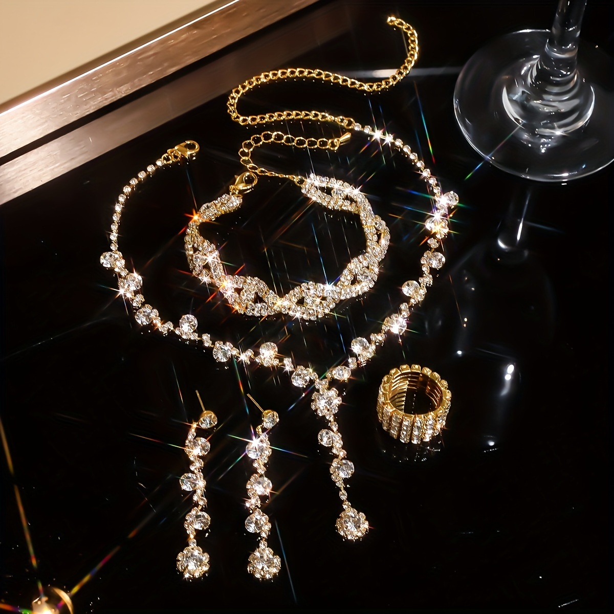 5pcs wallets, rhinestone jewelry set, rhinestone handbag, bridal dance jewelry necklace, earrings, bracelet, ladies', Evening Wear Jewelry, Elegant Jewelry Set, Statement Jewelry, Highquality Rhinestones, Goldplated Jewelry, Jewelry Gift Set