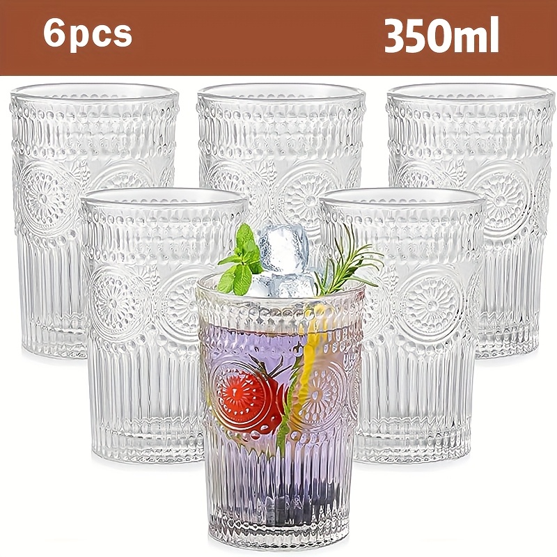 6pcs Sunflower Embossed Highball Glasses Set, 350ml Ribbed Clear Glass Tumblers, Thickened Heat Resistant And Dishwasher Safe, For Iced Coffee Cocktail Juice, , Home Bar Father's Day