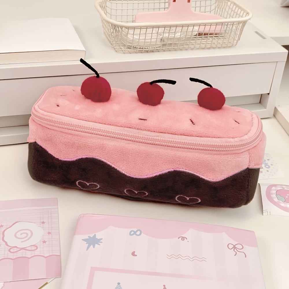 TEMU Cute Cherry Cake Plush Pencil Case, Large Capacity Stationery Pouch, Multifunctional Item Storage Bag, Suitable For Storing Pencils, Rulers,