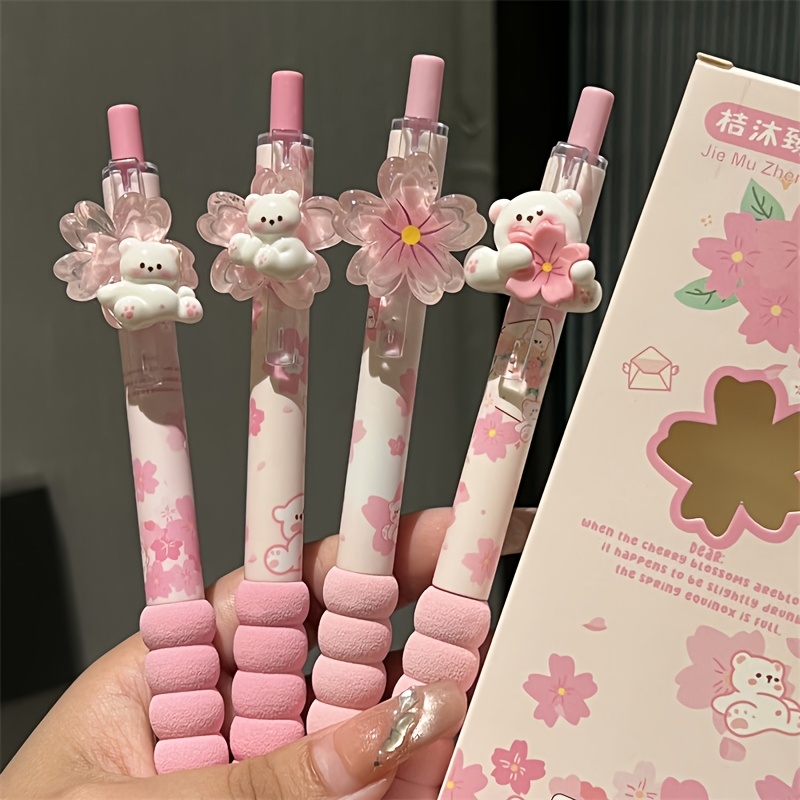 TEMU 4pcs Set Of Cherry Fluffy Bear Click Pens, Milk- Style Black Ink Smooth Flow, 0.5mm Standard St Nib Non-clogging, Cherry Cartoon Body,