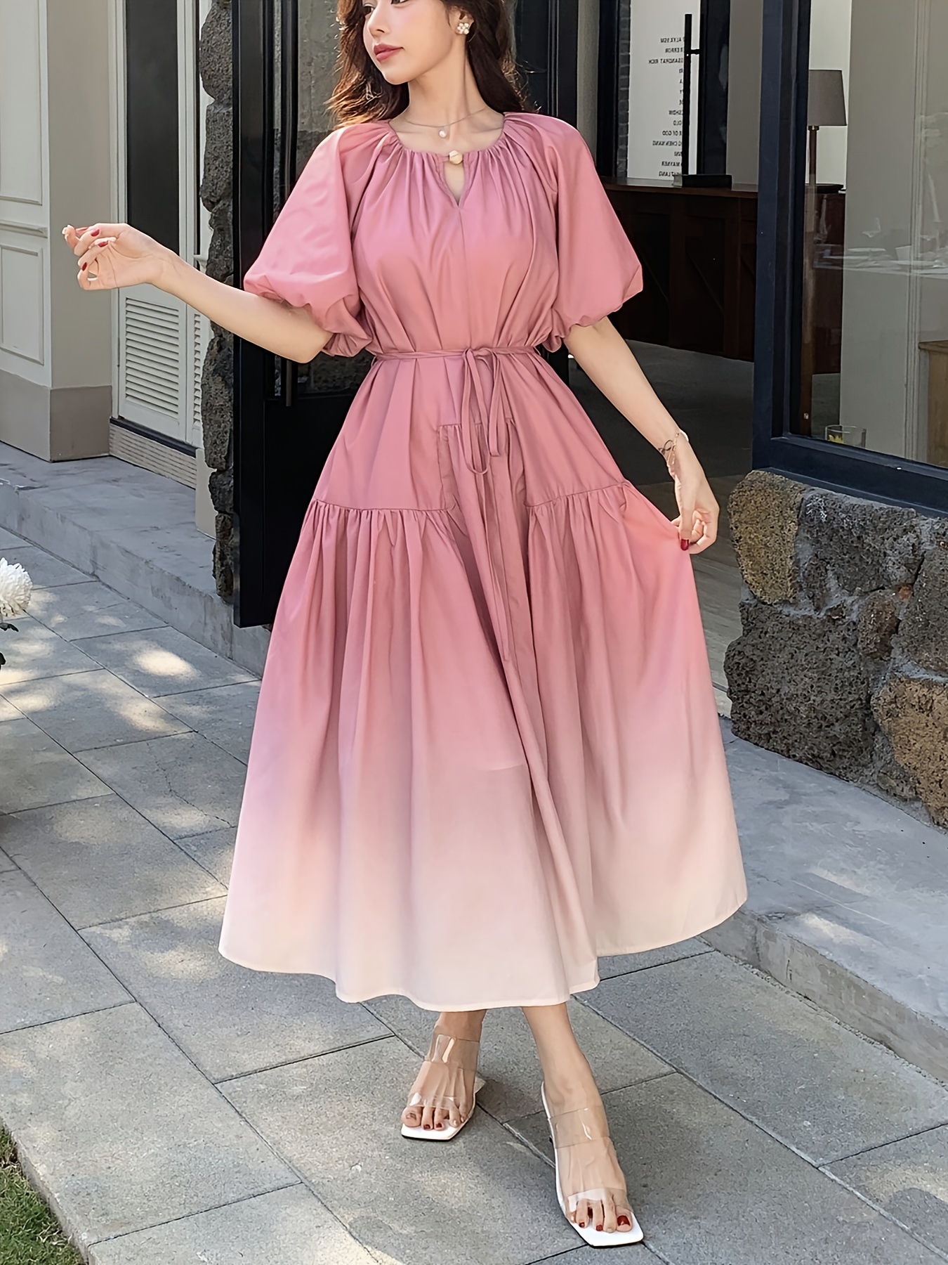 Elegant Women'S A-Line Dress with Ruffled Sleeves - Soft Pink to White Gradient, Round Neck, Flowy Design, Perfect for Casual or Formal Occasions, Casual Dressing | Ruffled Sleeve Dress | Aline Silhouette, Cute Dresses