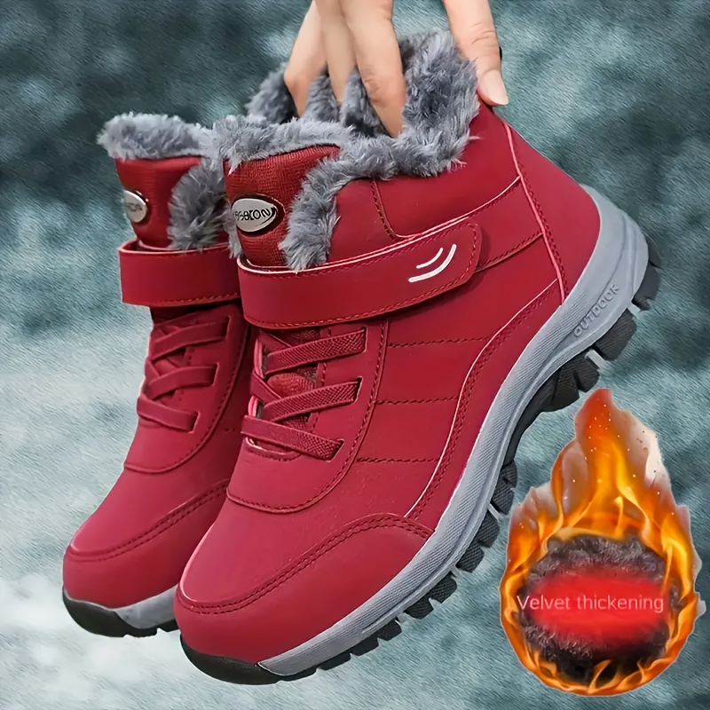 Women'S Winter Snow Boots Red, Plush Fur-Lined Thermal Ankle Hiking  Shoes with Non-Slip Sole, Comfortable Lace-Up Outdoor Sports