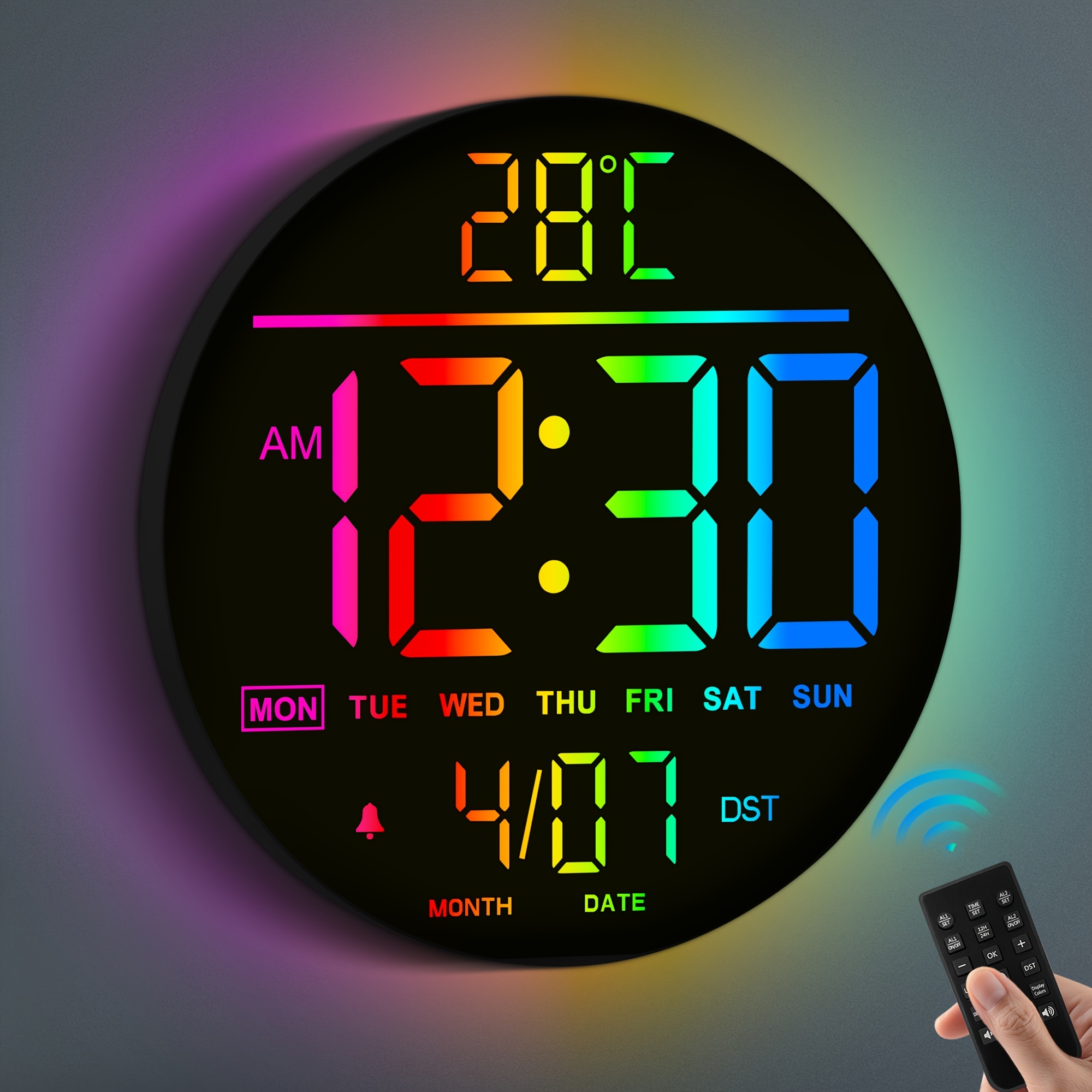 Digital Wall Clock - 25cm/ Rgb Color Auto-brightness, Temperature, Date And Day, Auto Dst, Night Light Non-ticking Modern Electric Led Wall Clock For Bedroom, Living Room