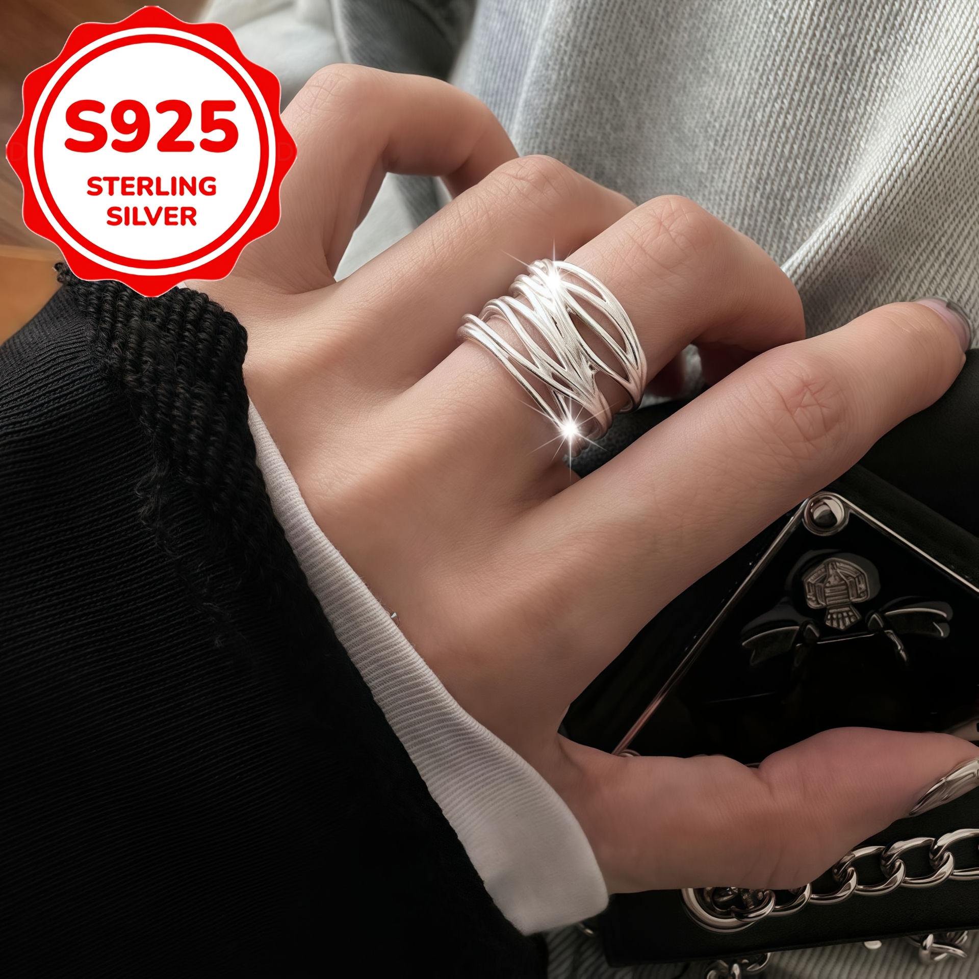 Women's S925 Silver Geometric Line Cross Entanglement Ring