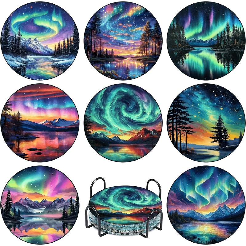 TEMU 8pcs Of 5d Aurora Coaster Set With Bracket, Landscape Diamond Painting Coaster Set, Suitable For Beginners In Home Decoration