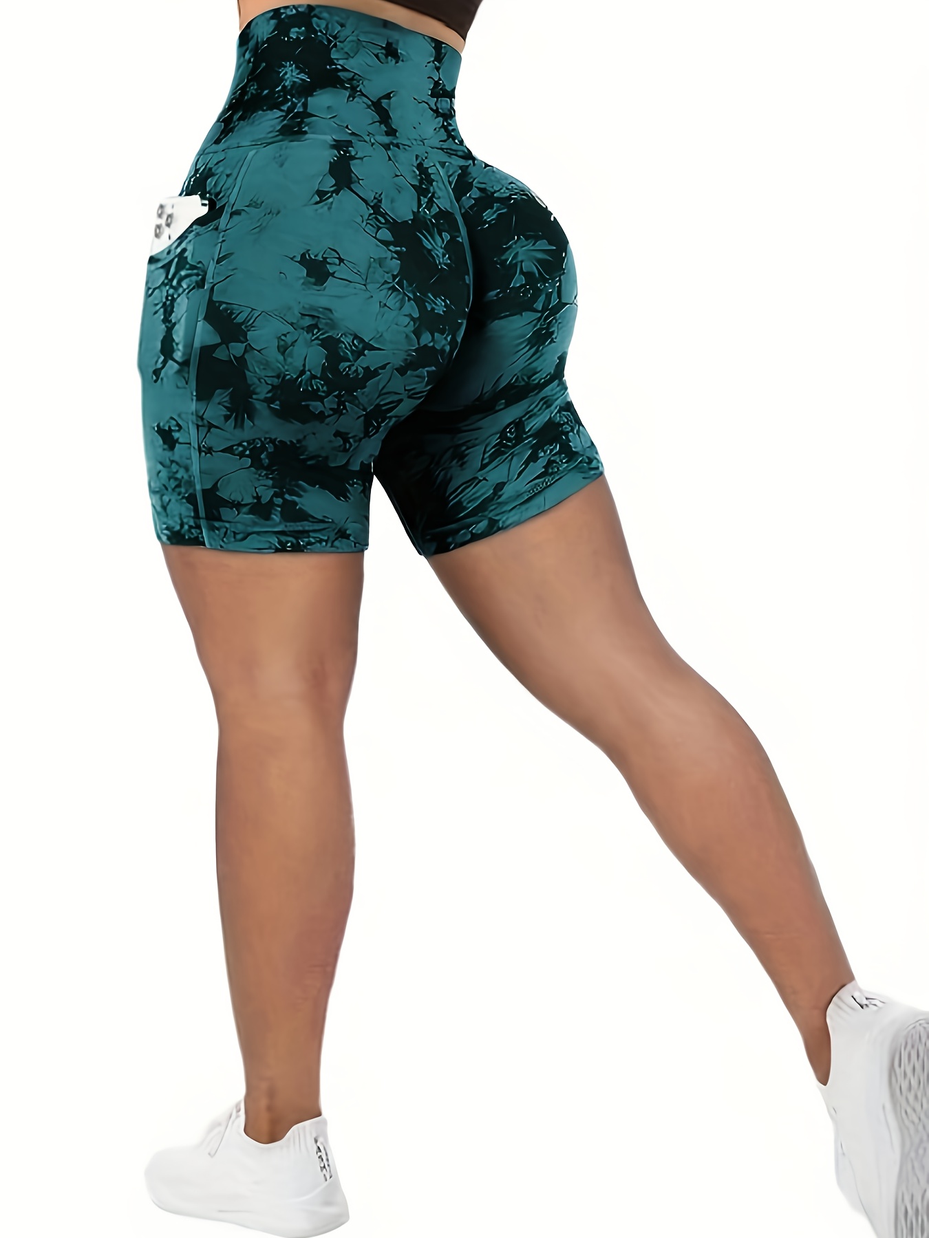 Women'S High-Waisted Yoga Shorts - Stretchy, Quick-Dry, Front Zipper & Pockets, Vibrant Teal Tie-Dye Design, Perfect for Spring/Fall Outdoor Activities, High Waisted Shorts