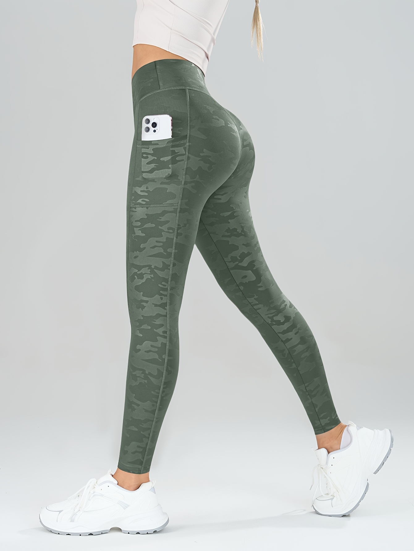 Women's High-Waist Camo Print Yoga Leggings Stretchy Fitness Running  Tights with Pockets, Olive Green Camouflage Design, Full Polyeste - Main Image