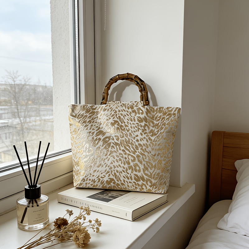 E-shop Große Goldfolierte Blatt-Tragetasche für Damen, Bambusgriff, leichte Schultertasche, für den täglichen Arbeitsweg, Shopping und Freizeit. Eine
