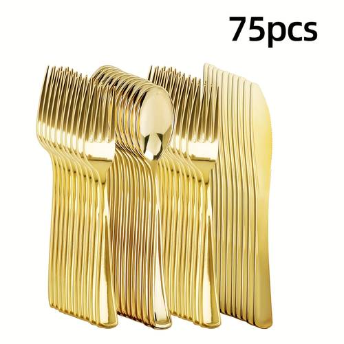 75pcs of golden plastic heavy duty cutlery suitable for 25 people including 25 25 25 golden forks suitable for holidays parties weddings dances dinners engagements halloween christmas and new year