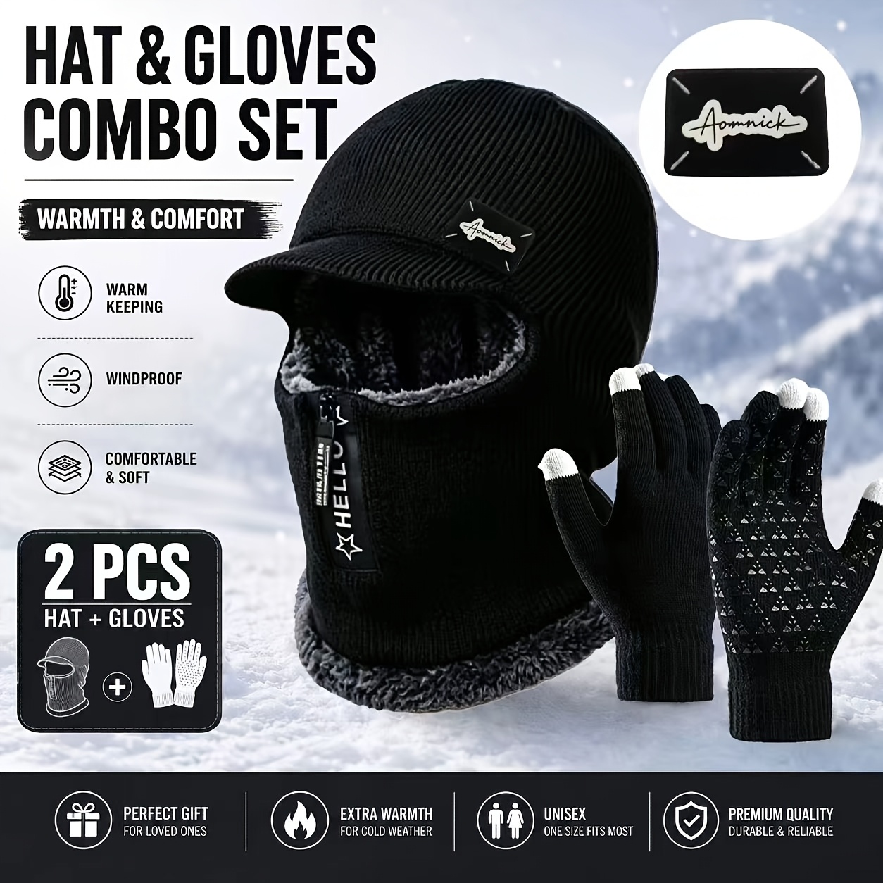 TEMU Men's 2pcs Set: 1 Balaclava Hood With Brim And Zipper + 1 Pair Of Touchscreen-compatible Anti-slip Ted Gloves. This Hat And Glove Set Features A